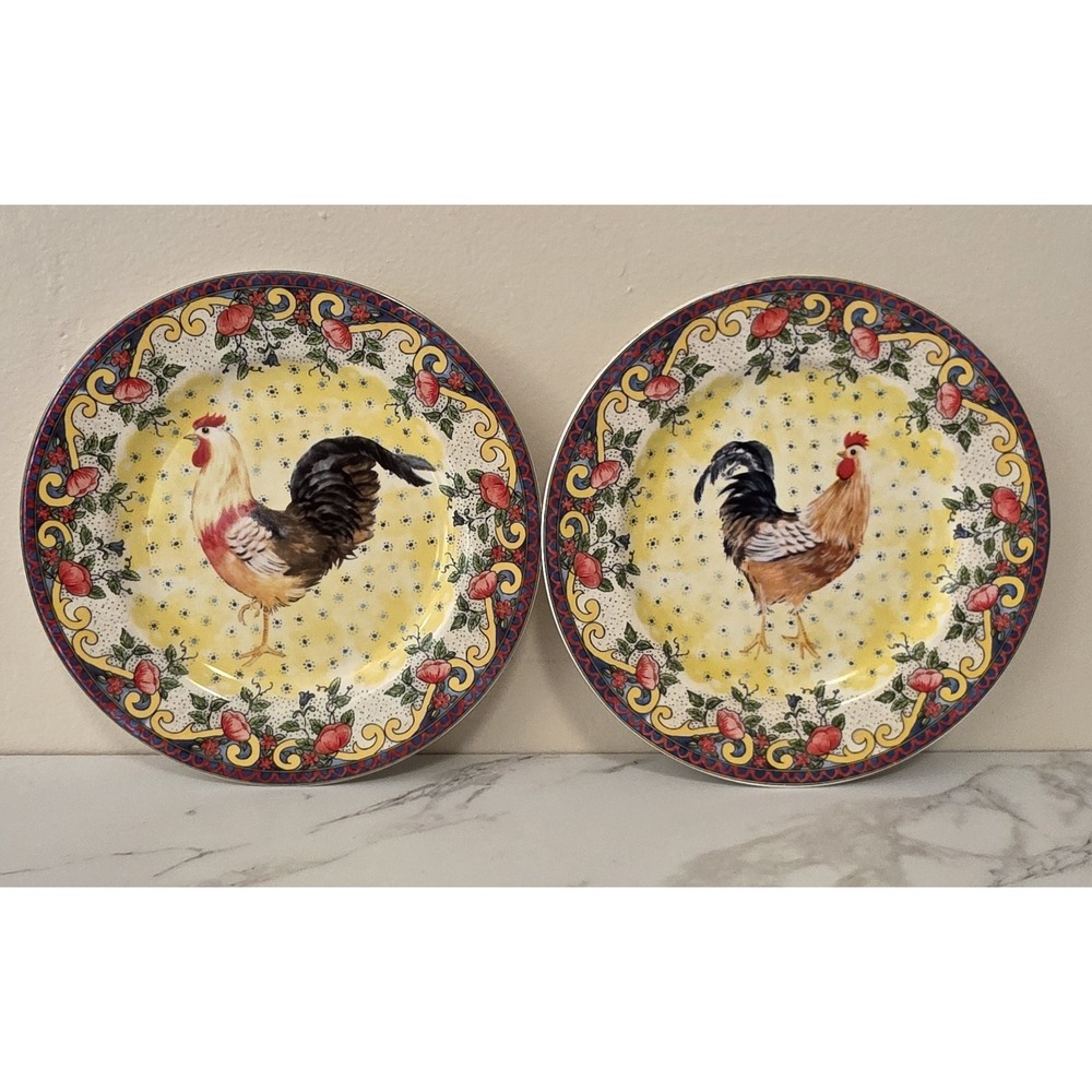 American Atelier Petite Provence Rooster & Floral 8.5" Salad Plate Set 2 Designs